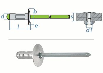 4 x 10mm Mehrbereichsblindniete Alu/Stahl m. großem Kopf (10 Stk.)