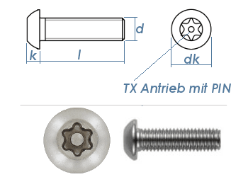 M8 x 50mm Linsenflachkopfschraube TX+PIN ähnl. ISO7380 Edelstahl A2   (1 Stk.)