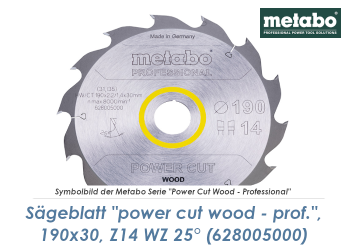 190 x 30mm Metabo Sägeblatt Power Cut Wood Professional Z14 WZ 25° (1 Stk.)