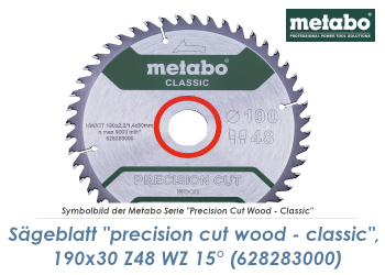 190 x 30mm Metabo Sägeblatt Precision Cut Wood Classic Z48 WZ 15° (1 Stk.)