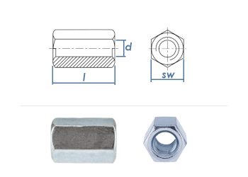 M20 x 60mm Gewindemuffe Sechskant DIN6334 Stahl verzinkt (1 Stk.)