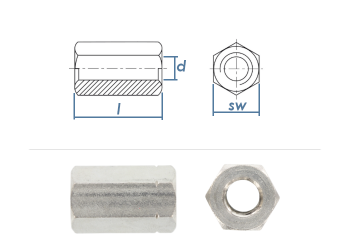 M8 x 24mm Gewindemuffe Sechskant DIN6334 Edelstahl A2  (1 Stk.)
